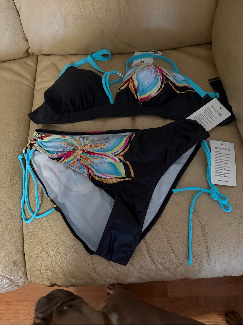 Babychic Black Bikini with Turquoise Straps and Multicolor Floral Accent NWT